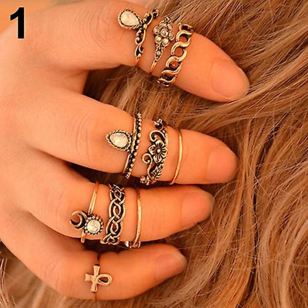 10 kpl/setti Naisten Punk Vintage Strass kaiverrettu ontto Midi Knuckle Ring Set Gold