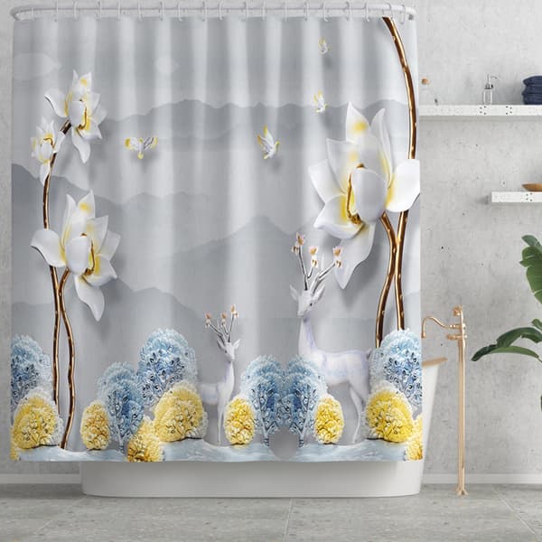 Firedelt sett med malte og trykte gulvmatter, preget plommeblomst-fugl polyester dusjforheng, N02