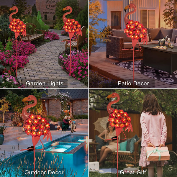 Solar trädgårdslampor, Flamingo gångväg utomhus stake lampor metall, vattentäta varma vita LED-lampor för gräsmatta, uteplats eller Ya