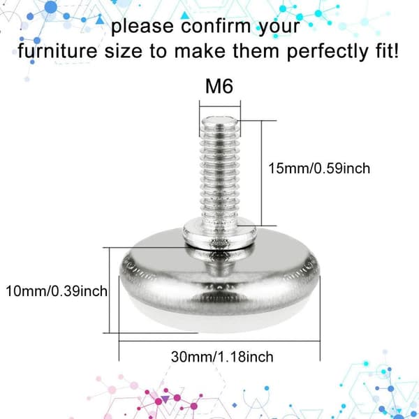 M6*15*30mm, Vit, 16 st Justerbar Ställfot Plast och Metall