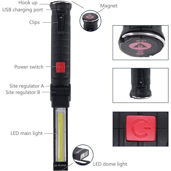 USB Laddningsbar Ficklampa LED Arbetslampa Bärbar Magnetisk COB Hängkrok för Utomhus Camping Reparationslampa (2-pack)