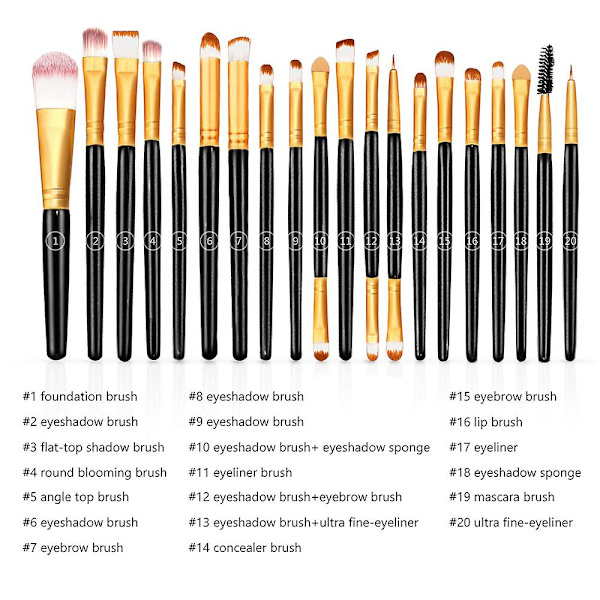 Sminkborste Set, 20 st Professionella Sminkverktyg Premium Syntetisk Foundation Puder Rouge Skuggborste Concealers Ögonkosmetik Sminkborste Gold