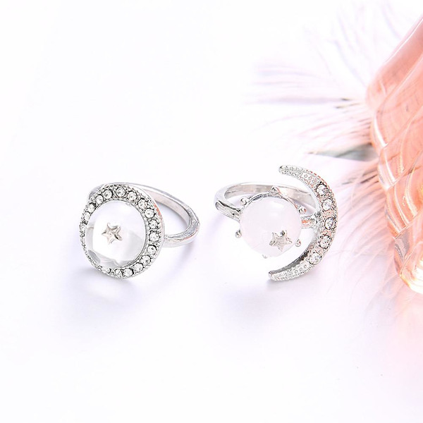 2-pack Boho Kvinnors Transparenta Runda Rhinestone-Inlagda Måne- och Stjärnknogringar