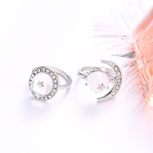 2 stk./sæt Boho Kvinder Transparent Rund Rhinestone Indlagt Månestjerne Knogle Ringe