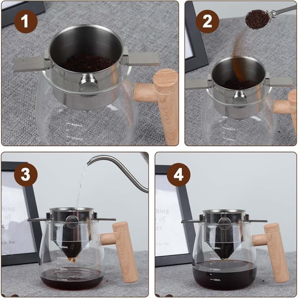Gjenbrukbart kaffefilter i rustfritt stål, bærbart og sammenleggbart kaffefilterholder, papirløst, dobbelt nettingfilter