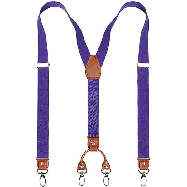 Heavy Duty hängslen för män med 4 klämmor, äkta läderfästen, rygg, breda elastiska remmar, för byxor Purple