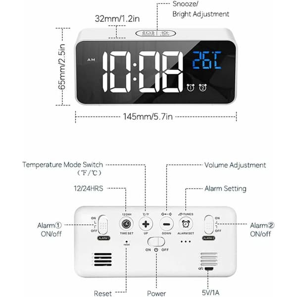 Digital vekkerklokke, LED vekkerklokke med slumrefunksjon, USB-porter for lading (hvit)