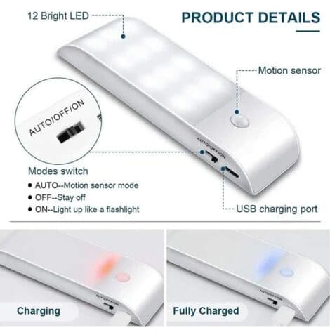 Autolys, bærbart bevægelsessensorlys, USB genopladeligt 12 LED multimode natlys med magnet til skab/gang