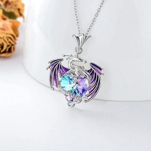 Dragon Halskæde Sterling Sølv Birthstone Wyvern Halskæde med hjerteformet krystal smykker gave til kvinder pige