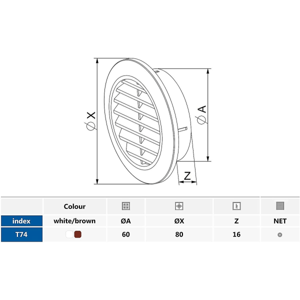 T74 Rund ventilasjonsgitter med myggnetting Hvit 60 mm