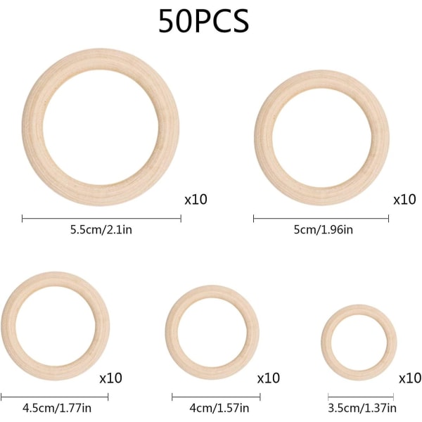 Pakke med 50 naturlige tre ringer - 5 forskjellige størrelser - for håndverk, smykker, makramé - trefarge