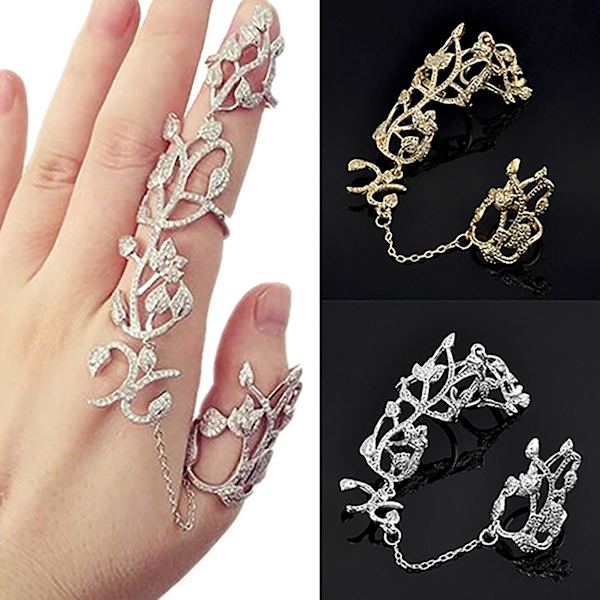 Kedja Ring Blomma Mönster Finger Smycken Justerbar Kvinna Kedjelänk Finger Ring För Bröllop Gold