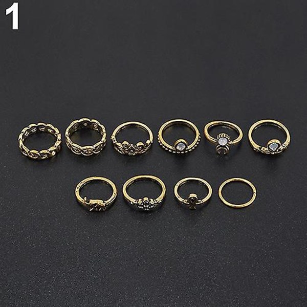 10 st/set Retro Boho Elefant Blomma Måne Ovan Knog Ringar Smycken Gold