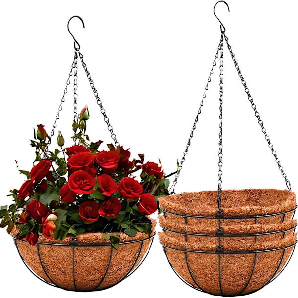 Hängande metallkruka med kokosfoder, 20 cm rund hängande blomkorg med fiberfoder