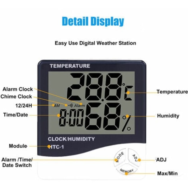 Digital Termometer Hygrometer Inomhus Temperatur LCD Skärm Luftfuktighetsmätare Stor Väderstation Väckarklocka med Kalender