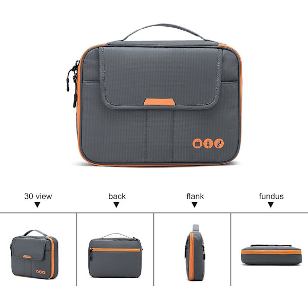 Universell reseväska för kabelorganisatör, elektroniktillbehör, för 9,7 tums iPad, Kindle, nätadapter Grey and Orange