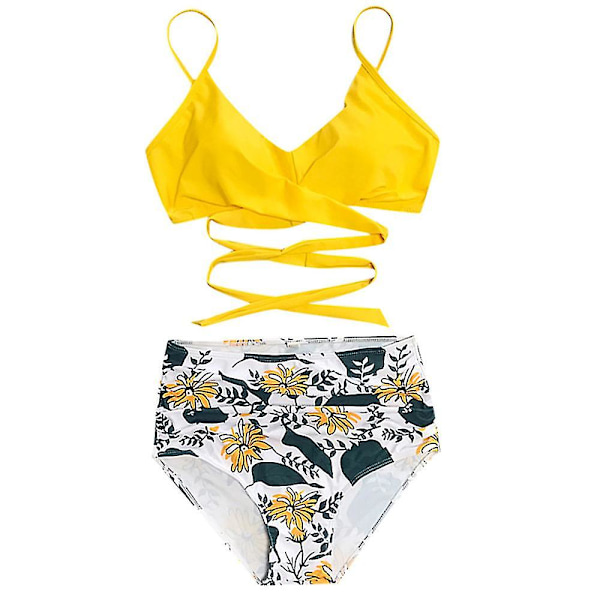 Kvinnors blommiga bikiniset med hög midja, baddräkt, sommar, sexig badkläder, strandkläder Yellow 2XL