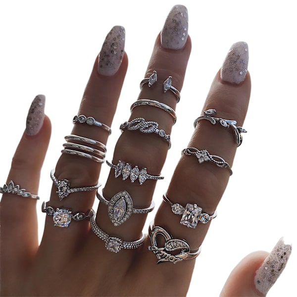 15 st/set Dam Bohemiska Rhinestone Stackbara Fingerringar Smycken Present För Dagligt Bruk