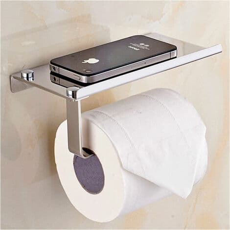 Toiletpapirholder, Selvklæbende Toiletpapirholder, Papirdispenser med Hylde, Rustfrit Stål, Sølv