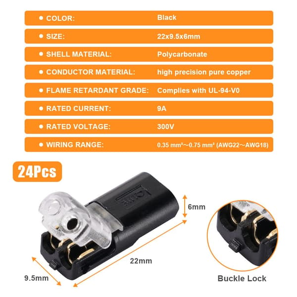 Kabelkontakter, 24 st Dubbel Kabel Snabbkopplingsplint, 2-stift