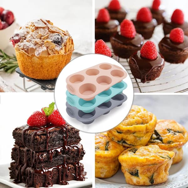 Sæt med 3 silikone muffinforme (grå, pink, påfugleblå) - Form til cupcakes, brownies og kager