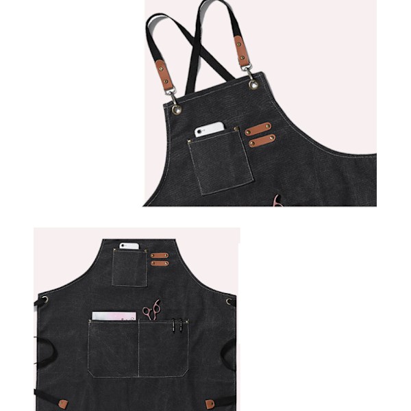 Tungt lerretsforkle, treskjæring, hagearbeid, denimstropp, bomullsbelte (off white),