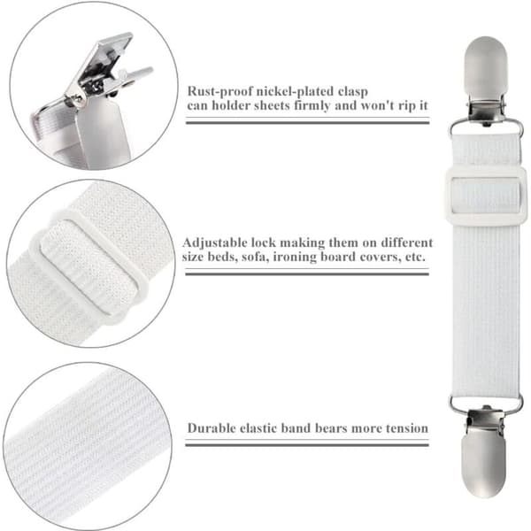 Elastisk Lakansträckare, Justerbar Remfäste för Lakan, Sofflakan, Strykbrädsöverdrag (Vit, 4-pack)
