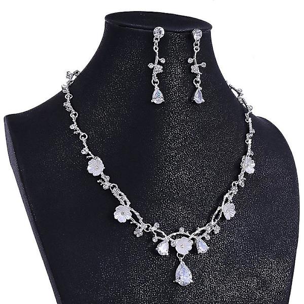 Bröllopskrona Blomma Rhinestone Kristall Halsband Och Örhängen Smyckeset För Brud 1