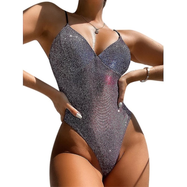 Glittrande Monokini Baddräkt för Kvinnor med Push-Up-Effekt, En-Delad Baddräkt Purple XL