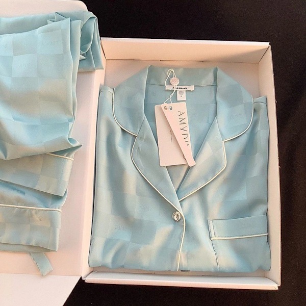 Pyjamas för kvinnor, vår & sommar, långärmad, is siden, lyxig spets, imitationssilke, tunn hemmaklädset blue M