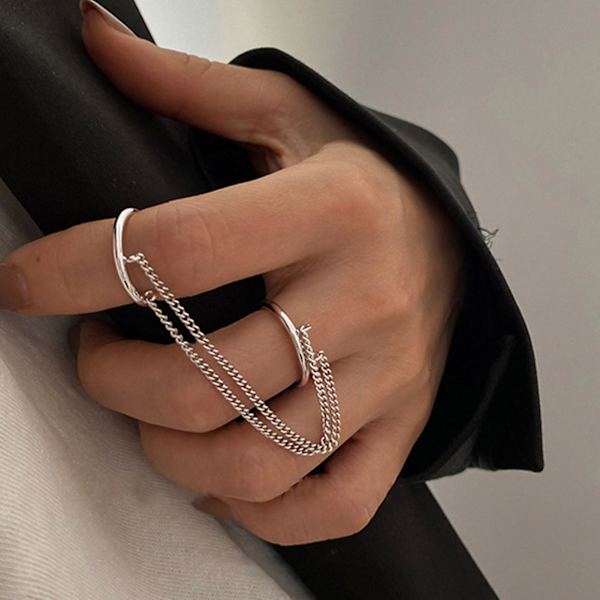 Dobbelt Finger Kæde Ring Stabelbar Justerbar Unisex To Lag Kæde Åbningsring Smykker Gave Silver