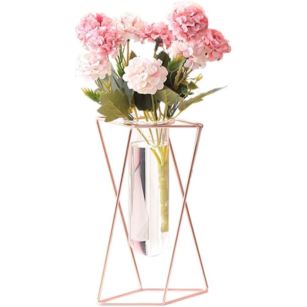 Glasvas med metallstativ, modern geometrisk skrivbordsvas i glas, lämplig för inomhus hydroponiska växter (roséguld, stor storlek)
