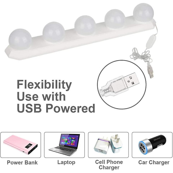 LED-spegellampa - 5 LED-lampor - Hollywood-stil - Smyckeslampa - Dimbar - USB - För sminkbord, badrum