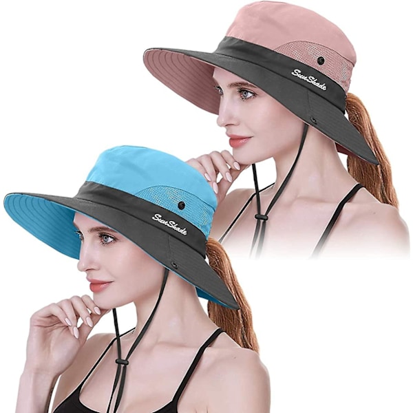 2-pack Damhatt med UV-skydd, bredbrättad Boonie-hatt, hopfällbar, för fiske och vandring Pink   Sky Blue