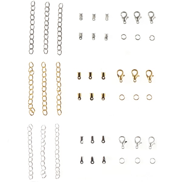 3 boxes, mixed carabiner clasp + small clip + simple buckle + extension chain DIY jewelry accessories - white