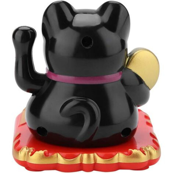 Solcelledrevet lykkekat med vinkende arm - Maneki Neko - Lykkebringende velkomstfigur til dekoration af hjem, bil, venner og gaver (sort)