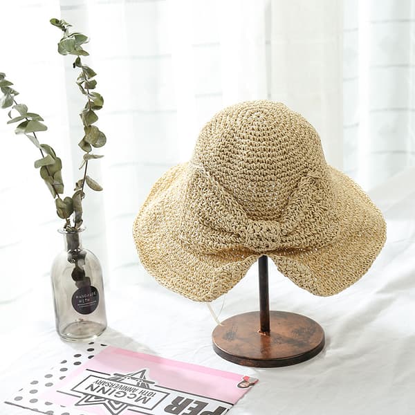 Beige bredbremmet sammenleggbar strandhatt for kvinner Sommerhatt for kvinner