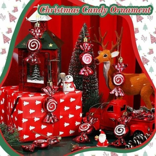 24 Pcs Christmas Candy Ornaments Candy Cane Christmas Tree Glitter Hanging Ornaments Plastic Peppermint Candy Swirl Deco