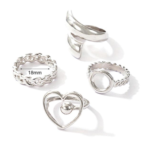 4pcs/set Heart Geometric Shape Alloy Hollow Chain Opening Finger Rings Joint Rings For Party