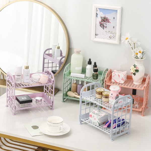Desktop Cosmetic Jewelry Rack, Double-Layer Folding Storage Rack, Simple Storage Rack for Home Office Bathroom Rack (Pink),