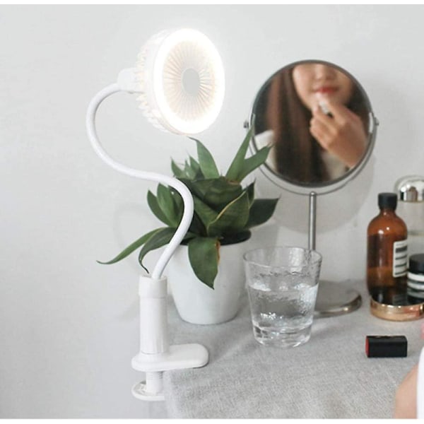 2 In 1 Mini Table Fan Clip Tube Holder Led Light Makeup Lamp Usb Charging Fan For Home Office-white