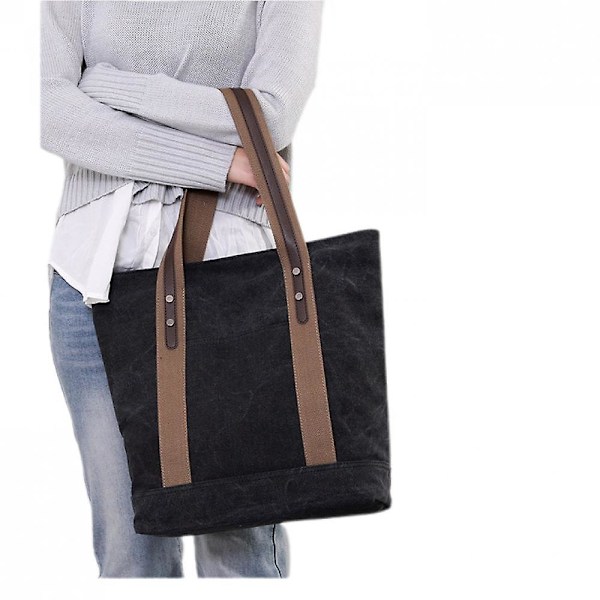 Dames Canvas Skuldervesker Retro Casual Håndvesker Arbeidsveske Tote Purses A916-354 black