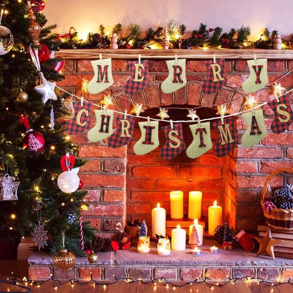 Glædelig Jul banner - julepynt i linnedsok