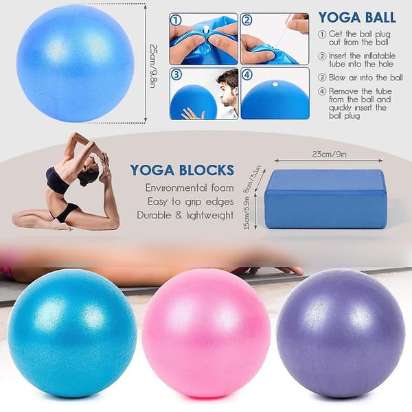 5-delt yogasæt med yogabold + yogablok + elastik + strækbånd + modstandsring Blue