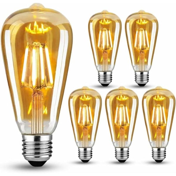 Set med 6 Vintage E27 LED Glödlampor, 6W (Ersätter 60W), Retrolampa Perfekt för Nostalgisk och Retrobelysning, Varm