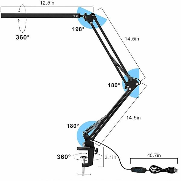 LED-skrivebordslampe med klemme 3-farget arkitektlampe med svingarm skrivebord
