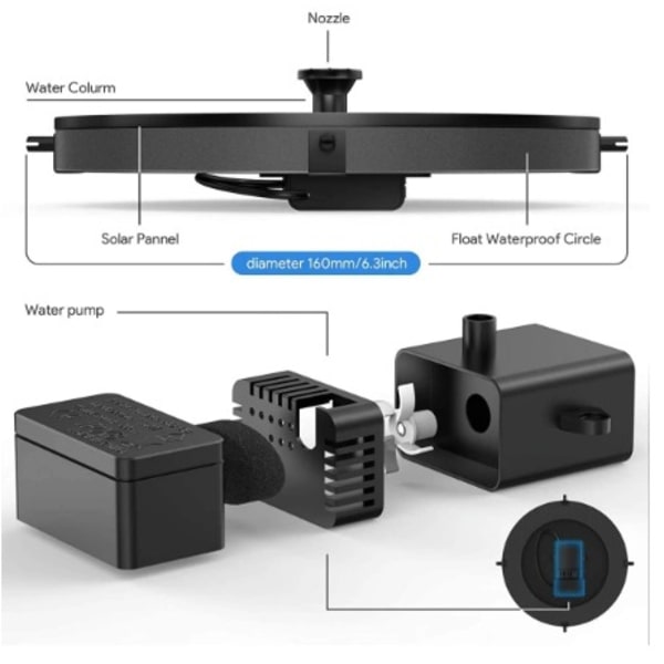 Aurinkovoimalla toimiva suihkulähde / Vedenpumppu / Pumppu Musta Black 13cm