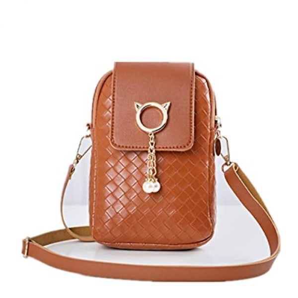 Dames Mini Crossbody Pu Mobiltelefon Skuldertaske, Kvinders Lynlås Telefonpung Smart Tegnebog Mobiltelefon Taske Med Justerbar Skulderrem Til Rejse Brown