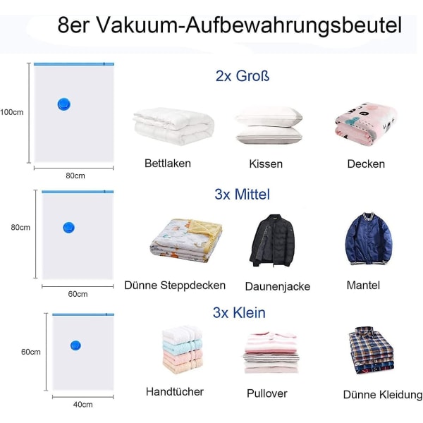 Vakuumposer for oppbevaring, 8 stk, Vakuumpose for klær, 2l 100x80 + 3m 80x60 + 3s 60x40 - Vakuumposer for dyner, sengetøy, puter