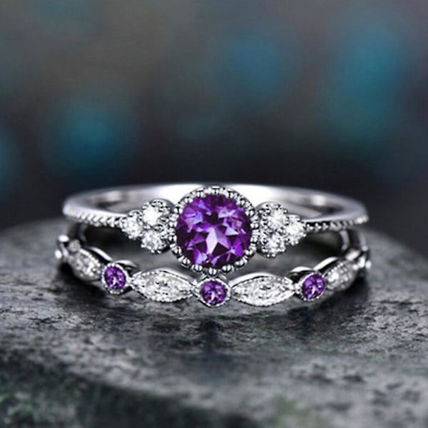 2 stk./sæt Kvinders Runde Cubic Zirconia Indlagte Bryllupsringe Smykker Gave Light Blue US 7